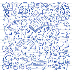 Vector pattern with items for school. Online internet education, e-learning.