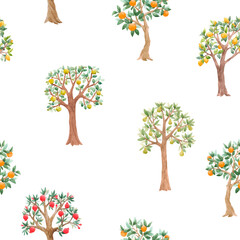 Beautiful seamless pattern with cute watercolor fruit trees. Stock orchard illustration.