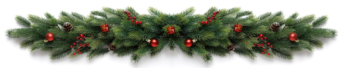 Fototapeta na wymiar Extra wide Christmas border with fir branches, red balls, pine cones and other ornaments
