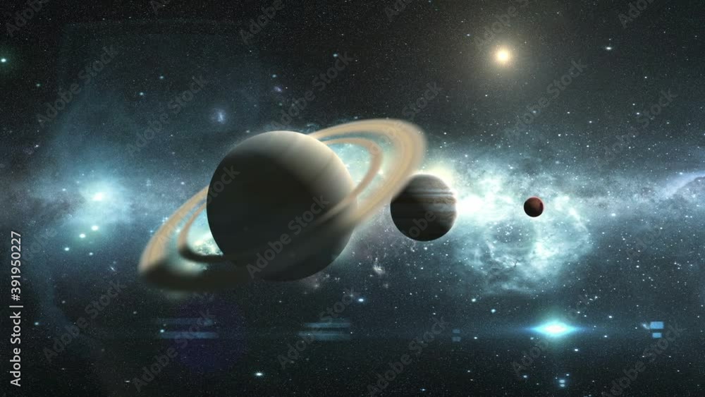 Poster saturn jupiter mars on the background of a beautiful nebula, 3d animation