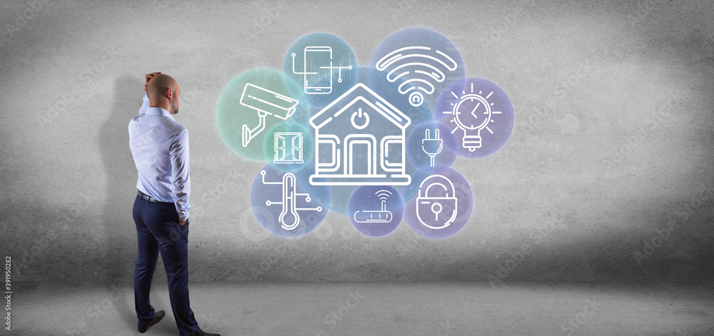 Poster businessman in front of a wall with smart home interface with icon, stats and data 3d rendering