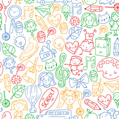 Vector seamless pattern with items for school. Online internet education, e-learning.