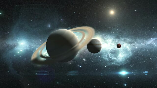 Saturn Jupiter Mars on the background of a beautiful nebula, 3D animation