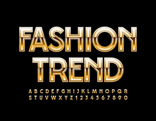 Vector glamour emblem Fashion Trend. Glossy exclusive Font. Gold Alphabet Letters and Numbers set
