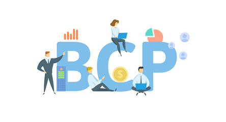 BCP, Business Continuity Plan. Concept with keywords, people and icons. Flat vector illustration. Isolated on white background.