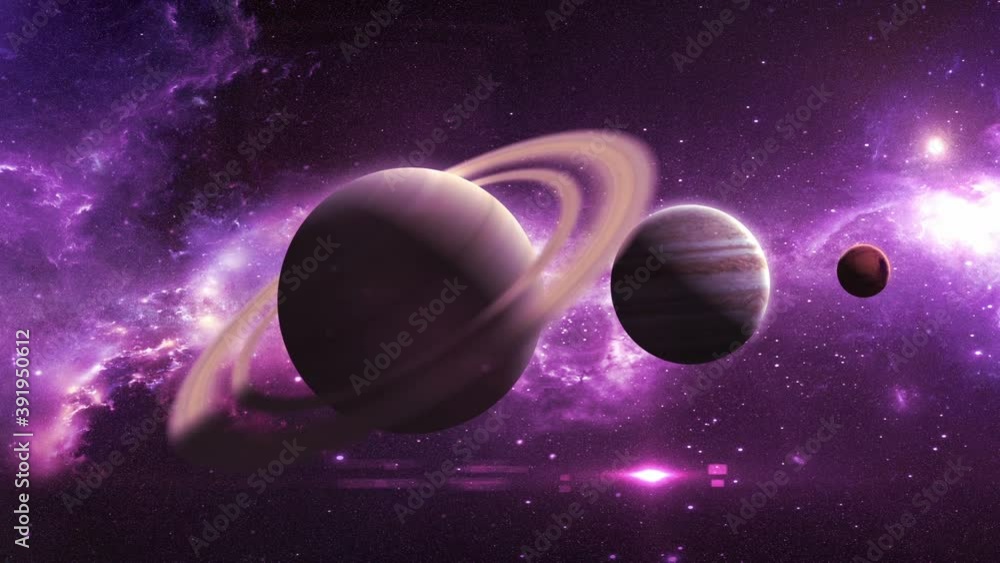 Poster saturn jupiter mars on the background of a beautiful nebula, 3d animation