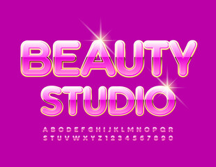 Vector chic Logo Beauty Studio. Glamour set of pink and gold Alphabet Letters and Numbers. Luxury stylish Font.