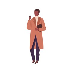 Stylish black skin man wearing casual coat and looking at cell phone. Male faceless character in autumn or spring outerwear with smartphone. Flat vector cartoon illustration isolated on white