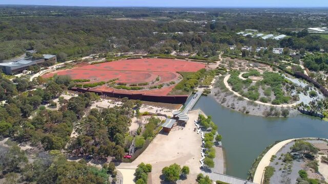 Aerial pan around scenic botanic garden in Cranbourne, Melbourne Australia