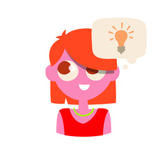 Smiling girl character in red color dresses, with a ginger color hair and have idea speech bubble, isolated on a white background, simplicity cartoon flat style vector illustration icon.