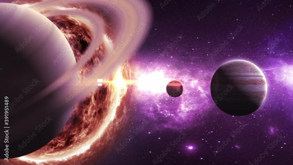 Wall mural saturn jupiter mars and the sun on the background of a beautiful nebula, 3d animation