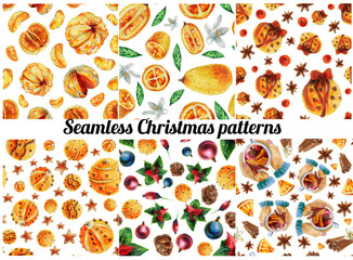 Set of Seamless Christmas patterns. Watercolor seamless patterns on the theme of Christmas. new-year background. new-year fruits and plants on white background. For  cards, wrapping paper, Wallpaper