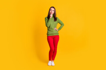 Fototapeta na wymiar Full length body size view of attractive slim creative minded girl overthinking isolated on bright yellow color background