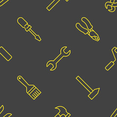 Building tools background, repair equipment seamless pattern with flat line icons of paintbrush, wrench, screwdriver, hammer and others. Construction works vector wallpaper illustration