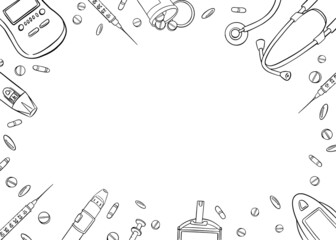 Flat lay doodle template for Diabetes concept. Black and white vector illustration, Top view