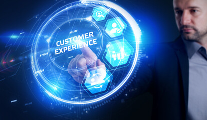 Business, Technology, Internet and network concept. Technology future. Young businessman, working on the smartphone of the future, clicks on the virtual display button: Customer Experience.