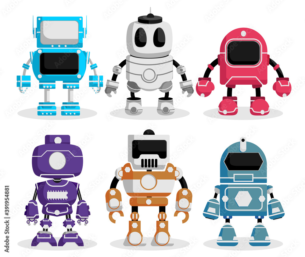 Poster robot vector characters set. robotic character with futuristic technology design for electronics fun