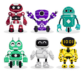 Robot characters vector set. Robotic character with modern technology cyborg and android robots design isolated in white background. Vector illustration. 

