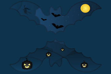Halloween. Mystical landscape. Bat-shaped window. A witch on a broomstick flies in the sky. Full moon. Sinister pumpkins with glowing eyes gaze intently. Bats fly across the starry sky. Cutout style. 