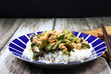 Fried spicy Thai curry paste with cutting fresh bean, mushroom and chicken serving with cooked rice on the plate. Famous street food menu in Asia restaurant. 