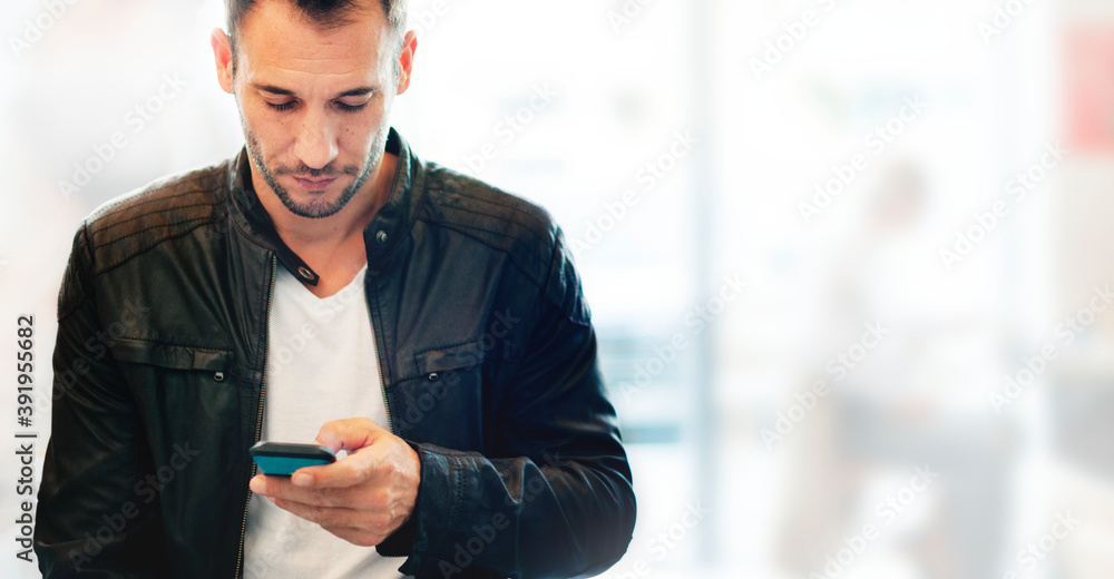 Poster man using a smartphone