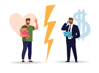 A man chooses between family and work. The problem of male priorities between career and family, business or health. Flat vector illustration