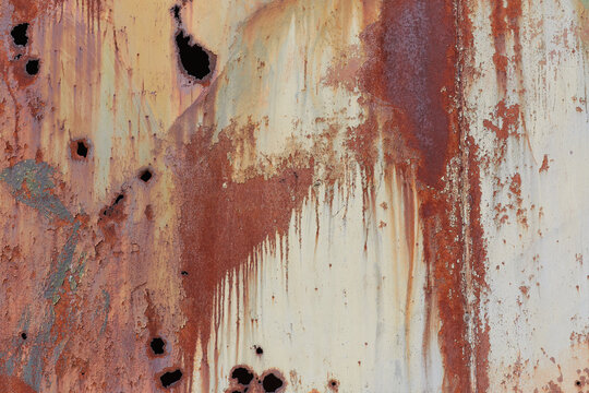 Metal texture with rust, through holes, and paint drips. Horizontal metallic background for design and 3D