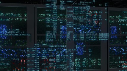 server room, data center, futuristic interface with computer programming code and abstract data, concept of computer security, internet, cloud computing or cryptocurrency mining (3d render)