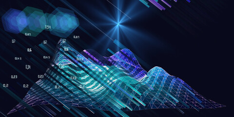 Abstract background with wireframe wavy algorithm analyze data with blurred lines. Quantum cryptography concept. Big data. Analytics algorithms data. Banner for business, science and technology.