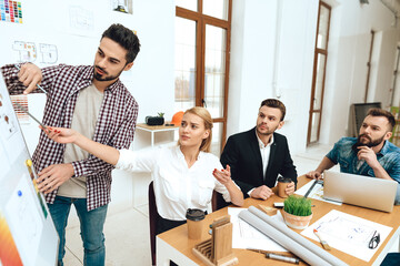 People sit at the table and listen to the designer