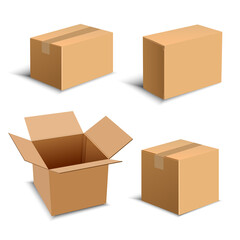 Fototapeta premium Set of four realistic brown package Box. Design elements for online delivery layout. Vector