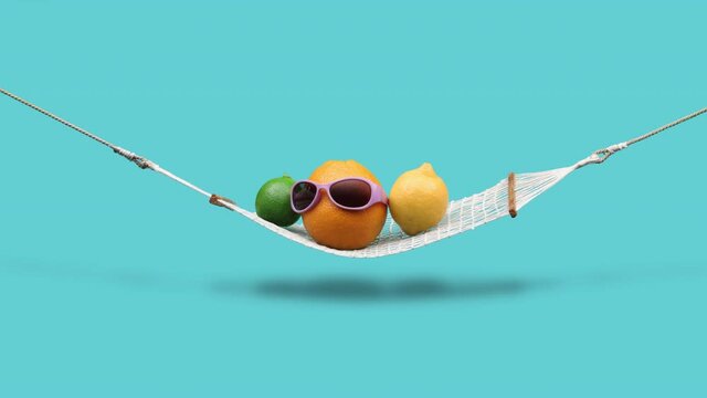 Citrus fruits jumping and relaxing with sunglasses on hammock. Summer Stop motion animation with alpha matte. 