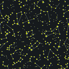 Fototapeta premium Stars/ space/ cosmic/ zodiacal/ universe thin line elements pattern. Vector seamless stellar constellation background. Astronomy/ Astrology objects. For fabric, textile, banner, design.