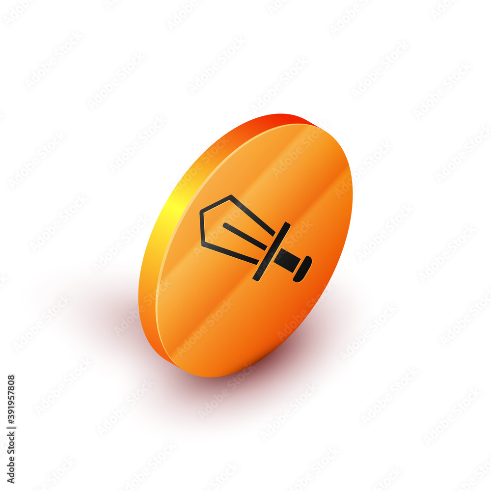 Poster isometric sword for game icon isolated on white background. orange circle button. vector.