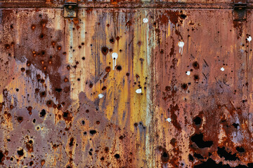 Rusty metallic vintage texture. Grunge metal background with holes. Metal with seams, rust and bullet holes. Texture of an old military hangar after the war.