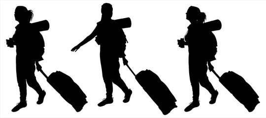 Passengers with luggage. Tourists with gear. Girls with luggage on wheels follow each other. Women with binoculars, travel mat, bag. Black female silhouettes are isolated against a white background.