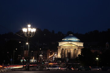View of Church of the Gran Madre di Dio at night in Turin, Italy.