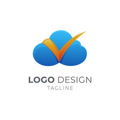 Cloud with check mark logo concept with 3d style in blue and yellow color