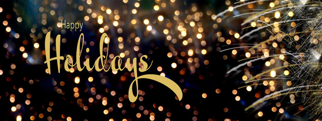 Happy Holidays Text with golden Bokeh lights and sparkles
