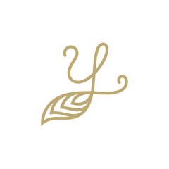 Initial letter Y logo with leaf, simple luxury line art logo with gold color, health and beauty care logo template