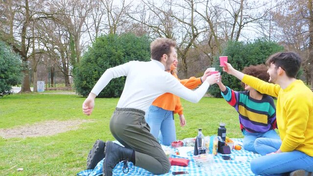 Slow motion group of friends multiethnic toasting having picnic outdoor celebrating success and enjoying time together in a park in spring