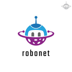 Robot and planet logo design concept. Cute robotic cartoon mascot logo template