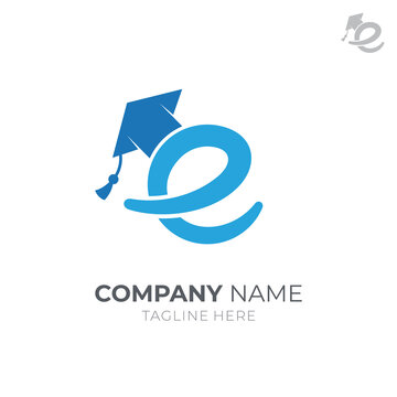 Educational logo template, initial letter lowercase e with graduation cap/toga, simple flat logo style blue color