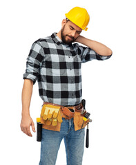 profession, construction and building - male worker or builder in helmet with neck pain over white background