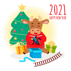Little bull opens Christmas gift with toy train, Symbol of 2021 year. Vector illustration for calendar, greeting card, holiday card, stikers