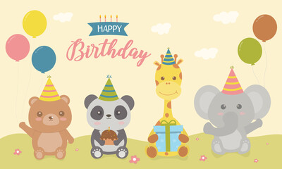 Happy birthday card with cute animals soft color, Collection of cute animal in holiday. Bear, Elephant, Panda, Giraffe. Template for greeting card. Decorate with balloon and giftbox.