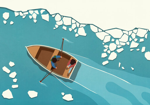 Couple in rowboat among melting icebergs on sea
