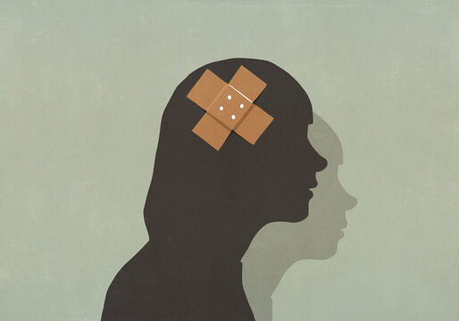 Silhouette woman with bandage over head
