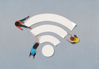 People assembling wifi symbol
