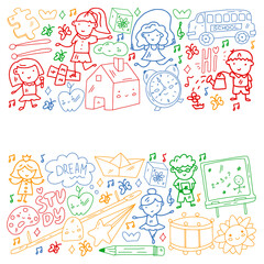 Vector pattern. School and online education. Little boys and girls play and grow together.